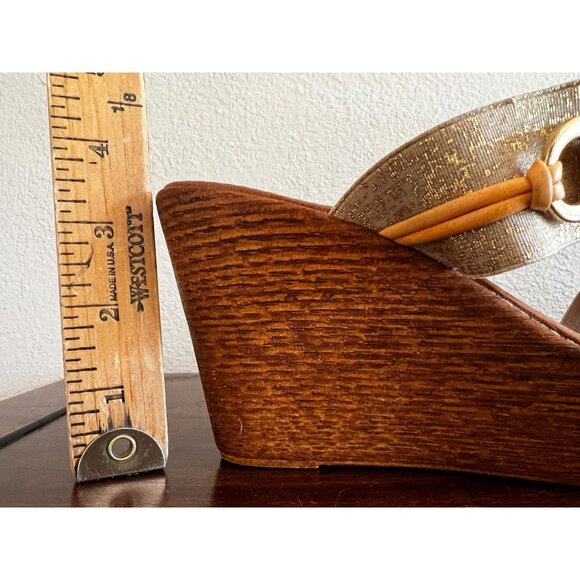 Nine West Italy Brina Wedge Sandals 7M Slip On Brown Stretch Fabric Two Straps - Picture 5 of 13